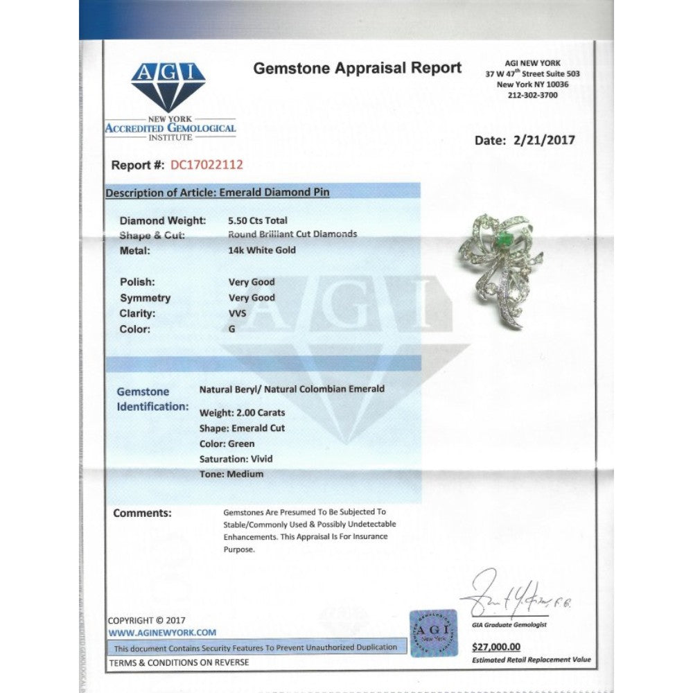 7.50 Carat VVS Diamond and Colombian Emerald Pin